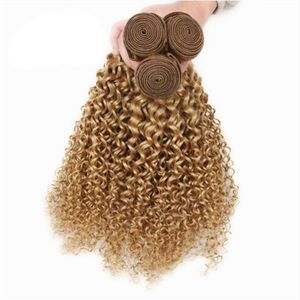 #27 Honey Blonde Deep Curly Human Hair Weaving Brown Blonde Hair Extensions Blonde Kinky Curly Brazilian Virgin Hair Weave Bundles 3Pcs Lot