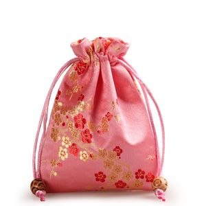 Cherry blossoms Small Silk Satin Bags Drawstring Jewelry Gift Packaging Pouch Candy Tea Makeup Tools Coin Storage Pocket with Lined