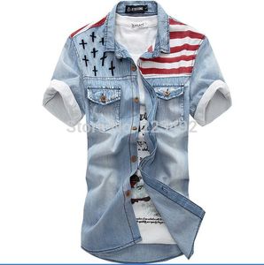 Wholesale- 2016 New vintage men's fashion American Flag denim shirt short sleeve light blue jeans shirt free shipping Top quality