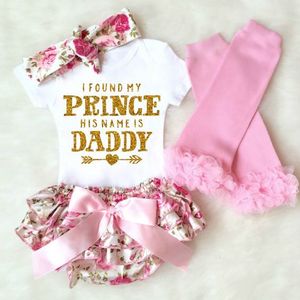 Baby Girl 4 SZTUK Zestawy odzieżowe Infant Ins Romper + Kwiatowe Spodenki i Pałąk Legginsy Zestaw Znaleźliśmy moją księżniczkę Nazywam się Is Daddy M3443 K041