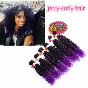 高品質の6個 ロット合成織り毛髪延長ジェリーカーリーオムレブラウンカネカロンディープカーリーかぎ針編み紫色の編み髪