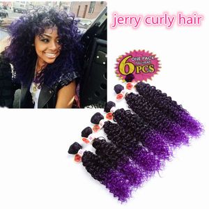 High quality 6pcs/lot synthetic weave hair extensions Jerry curly ombre brown kanekalon deep curly crochet purple braiding Hair for balck