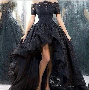 Off the Shoulder Party Prom Dresses 2019 Charming Marsala Boat Neck Corset Black High Low Lace Short Sleeves Evening Dress