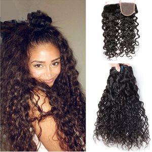 Water Wave Human Hair Bundles With Lace Closure High Quality Peruvian Virgin Hair Weft With 4*4 Top Closure Wet And Wavy Hair