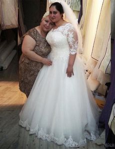 Custom Made Hot Sale Plus Size Bröllopsklänningar 2017 Halv ärm Beaded Lace A-Line Golvlängd Bröllopklänningar Vestido de Noiva