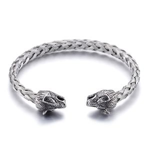 Silver Stainless Steel Cuff bangle Biker wolf head End Open Bracelet knot Wire chain