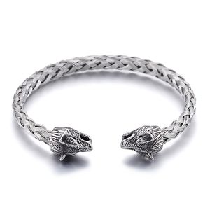 Silver Rostfritt Stål Manschett Bangle Biker Wolf Head End Open Bracelet Knot Wire Chain