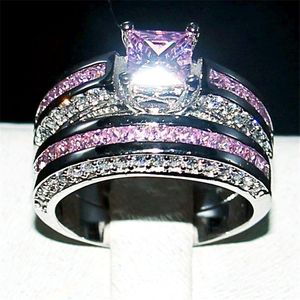 Мода ювелирные изделия розовый 6 * 6 мм Принцесса cut Топаз драгоценный камень кольца палец набор 2-в-1 роскошные 10KT белого золота заполнены обручальное кольцо невесты для женщин