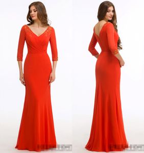 Red Mermaid Long Modest Bridesmaid Dresses New With 3/4 Sleeves V Neck Gold Lace Arabic Women Formal Wedding Party Gowns Modest