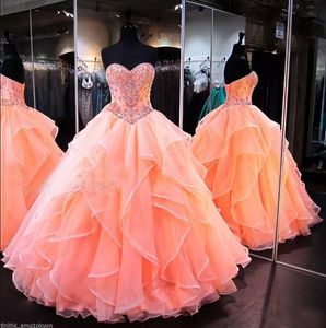2020 Glamorous Coral Ball Gown Quinceanera Dresses Sweetheart Sweet Princess Ruched Organza Floor Length Corset Back Pageant Gowns