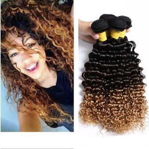 Mel loira ombre cabelo encaracolado profundo pacotes de três tons 1b 4 27 marrom ombre loiro onda profunda ondulado extensões de cabelo humano 3 pcs muito