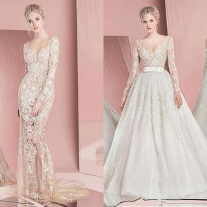 Murad Vintage Zuhair Mermaid Split Dresses Long Sleeves Wedding Gowns Detachable Train Lace Applique Sequined Bridal Dress