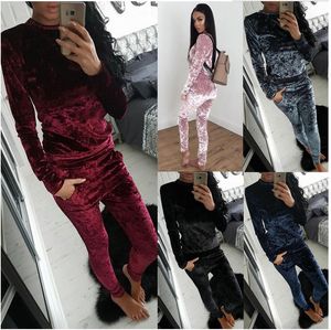 Velvet Dressuit Dwuczęściowy zestaw Kobiety Sexy Różowy Z Długim Rękawem Top I Spodnie Body Garnitur Runway Moda 2017 TrainingSpak Plus Size 3XL