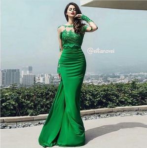 Arabskie Vestidos Długie rękawy Syrenki Suknie Wieczorowe Formalna okazja Sheer Jewel Neck Green Lace Appliqued Stretch Elastyczne Satin Prom Suknie