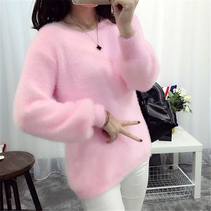 한국어 밍크 캐시미어 스웨터 여성 스웨터와 풀오버 가을 겨울 긴 머리 여성 핑크 컬러 니트 풀오버 스웨터