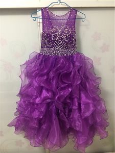 Purple Crystal Backless Ball Gown Flower Girl Dresses with Beading Sequined Organza Girls Pageant First Communion Dress BF10