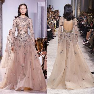 Elie Saab 2019 Long Sleeve Crystal Prom Dresses Embroidery Jewel Neckline Luxury Evening Gowns Open Back Tulle Formal Party Dress