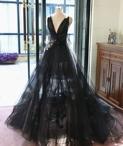 2020 Modig Ny Ankomst Svart V Neck Tulle Long Prom Dress Black Evening Dress Party Gownsdd