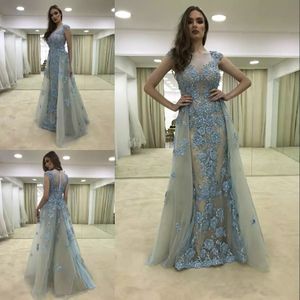 Skräddarsydda Lace Aftonklänningar 2019 med Overkirt Beaded Appliques Tulle Sheer Golv Längd Formell Prom Party Gowns