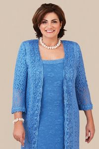 Ann Balon Blue Mother of the Bride Dresses With Long Jacket Lace Mothers Wedding Gästklänning Te Längd Plus Size Mother's GR318F