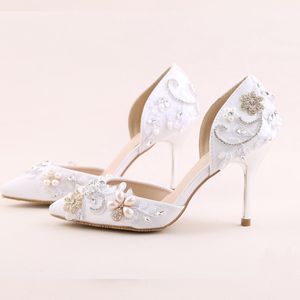 Neueste angekommene weiße Farbe Spitzschuh Sommer Stiletto Braut Hochzeit High Heels Strass mit Perlen Dekoration Mädchen Schuhe