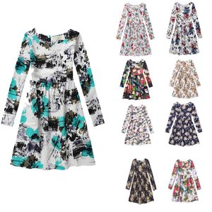 Long sleeve big girls dress children floral skirts kids full printing dresses 9 styles hot sell girl's cotton clothing