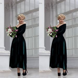 2019 Dark Green Velvet Evening Dress Off The Shoulder Long Sleeves A Line Ankle Length Evening Wear Dressses Prom Party Gowns EN11216K