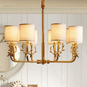 Willlustr antler copper pendant lamp brass hanging light fabric shade Chandelier suspension lighting american country bronze