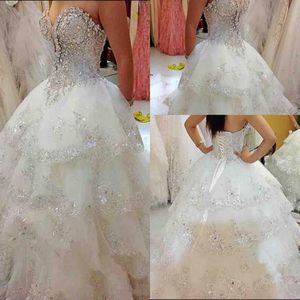 sweetheart heavy beading wedding dresses lace up back tulle tiered A line bridal gowns floor length garden wedding vestidos custom made