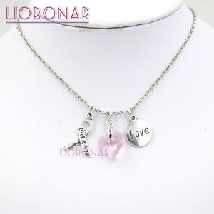 New Arrival Wholesale Breast Cancer Awareness Necklace Pink Heart Love Charm Breast Cancer Ribbon Pendant Necklace for Cancer Center Gift