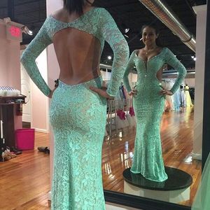 Full Lace Long Sleeve Beaded Mermaid Prom Dress Crystal Sexy Open Back V Neck Mint Green Party long Women Evening Pageant Gowns