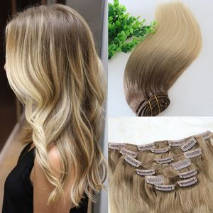 # 8 # 60 613 # Full Head Clip in Human Hair Extensions Ombre Medium Brown Ombre Hair Light Blonde Balayage Highlights 7st mycket 120gram