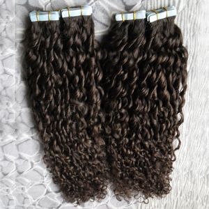 Brasiliansk Kinky Curly Hairtrape In Human Hair Extensions 80pcs / Set Lime Osynlig Tape Pu Skin Weft 200g