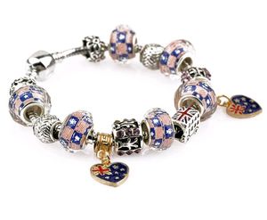 Wholesale beaded flag bracelet resale online - Dora Bracelet Silver Plated Heart Charms English Flag Design Beads Finished bracelets DIY customized Jewelry PDA