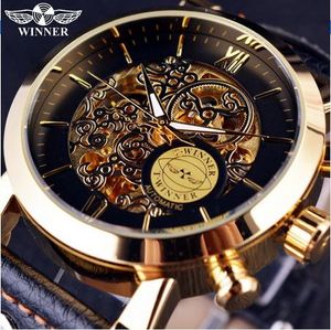 Vencedor Caso dourado de luxo moda nuvens oco esqueleto de couro genuíno pulseira relógio mens relógios top marca luxo relógio automático de luxo
