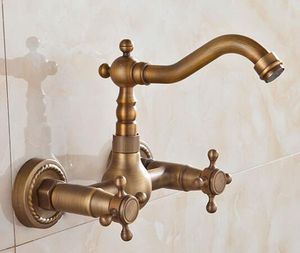 Antique Brass Wall Faucet Wall Vintage2017 Faucet With 2 Handles 2 Holes Hot And Cold Plate Bathroom Wall Faucet Free Shipping