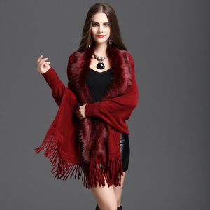 2017 New Autumn Europe Women's Knitted Tassels Cape Coat Poncho Faux Fur Collar Cardigans Tops Outwear Knitwear Cloak Coats