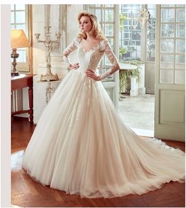 SCOOP NECKLINING 2020 BALL GOWE POADE Applique Puffy Bridal Bowns Long Seces Lace Wedding Dresses Robe de Mariage
