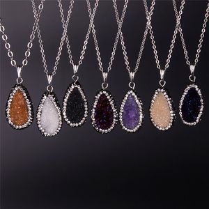 6 Colors Available Newest Druzy Amethyst Beads Necklace Oval Blue Champagne Purple White Wine Red Druzy Pave Zircon Crystal Gem Necklace