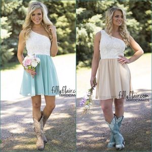 Short Country Bridesmaid Dresses 2017 Cheap For Weddings One Shoulder White Lace Sky Blue Champagne Plus Size Formal Maid Of Honor Gowns