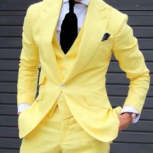 Super Handsome Groom Tuxedos Groomsmen One Button Yellow Peak Lapel Best Man Suit Bröllop Mäns Blazer Passar (Jacka + Byxor + Vest + Tie) K294