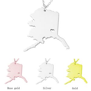 Alaska-Karte, Edelstahl-Anhänger-Halskette mit Liebesherz, USA-Bundesstaat AK-Geografie-Karte, Halsketten, Schmuck für Damen und Herren