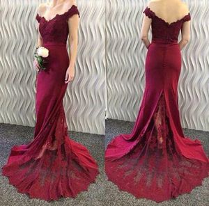 Sexy Burgundy Bridesmaid Dresses Mermaid Long Wedding Party Dresses Off Shoulder Zipper with Buttons Back Sheer with Applique Formal Dress
