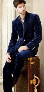 Notch Revers Marineblauw Fluwelen Mannen Pak Slim Fit Smoking 2017 Mode Pakken Blazer Met Broek Diner Prom Suits (Jas + Broek + Boog)