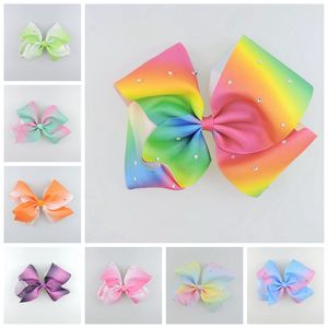 10st Jeweled Pastel Ombre Ribbon 18cm Big Signatur Hair Bows Clips Rainbow Crystal Dance Cheerleader Pagant Hårtillbehör HD3474