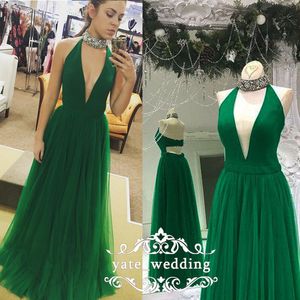 Elegant High Neck Halter Prom Dresses Plunging Neckline Satin Tulle Floor Length Purple Green Royal Blue Evening Dresses Formal Gowns