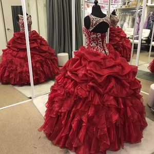 Dark Red Organza Ball Gown Quinceanera Dresses Sheer Neck Beading Ruffles Floor Length Plus Size Prom Dresses Sweet 16 Dresses Lace Up