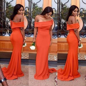 Modest 2017 Orange Chiffon Oblique Off The Shoulder Mermaid Bridesmaid Dresses Long Cheap Hand Made Flowers Maid Of Honor Gowns EN5243