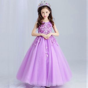 Violet Tulle Lace Flower Girl Wedding Dress Ankle Length Appliques Bead Kids Party Prom Dresses First Communion Dresses