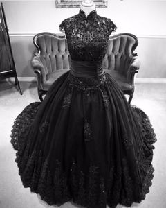 Vintage Black Gothic Wedding Dresses Cap Sleeves Pärlor Lace High Neck Ny Färgglada Bröllopsklänning Non White Robe de Marie Custom Made